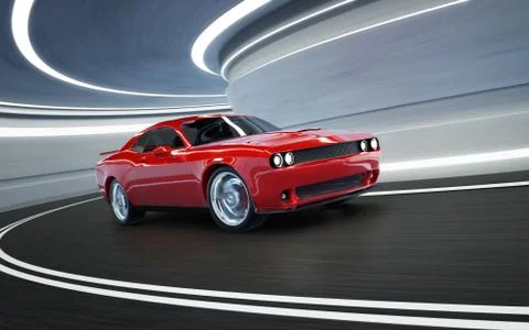 Front angle view of a generic red brandless American muscle car in a tunnel w Foto stock