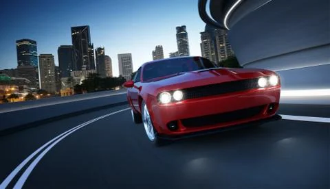 Front angle view of a generic red brandless American muscle car in a city str Stock Photos