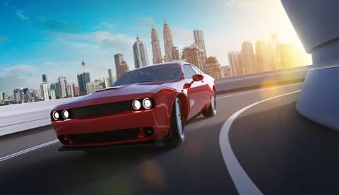 Front angle view of a generic red brandless American muscle car in a city str Stock Photos
