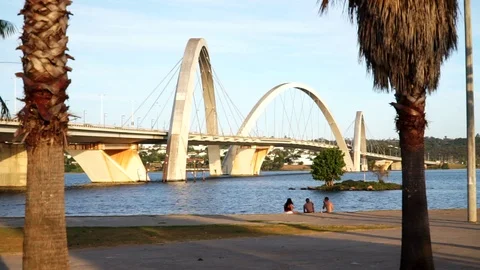 Front Angle View of Ponte JK Bridge in Brasilia, Brazil Stock Footage 112026437