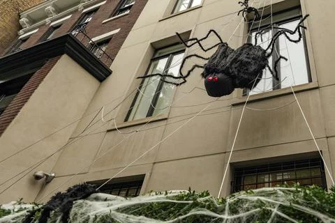 Front of apartment building decorated with spider web for Halloween holiday in Stock Photos
