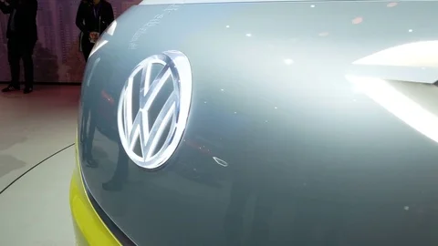 Front area and lights of new Volkswagen Bully prototype at IAA auto show. Stock-Footage 80160990