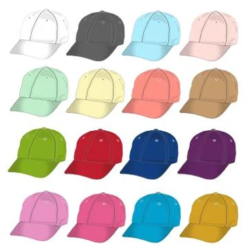 Front Baseball cap isolated vector template set. Black , white and color Unif Stock Illustration
