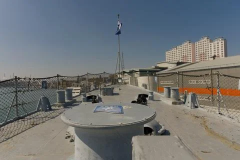 Front Bow Deck of Naval Vessel with Maritime Equipment Stock-Fotos