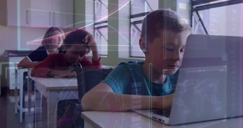 Front boy typing laptop studying for class animated overlay over devices peers Stock Footage 328396570