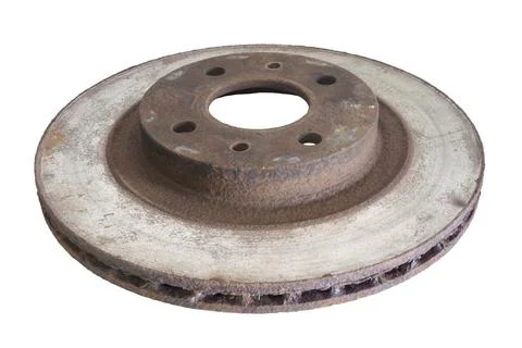 Front brake disk of car, from outside. Rusty and worn, dismantled from car .. Stock Photos