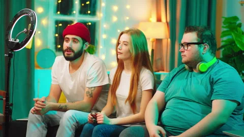 In front of the camera funny influencers doing a live stream for a social media Stock Footage 146469055