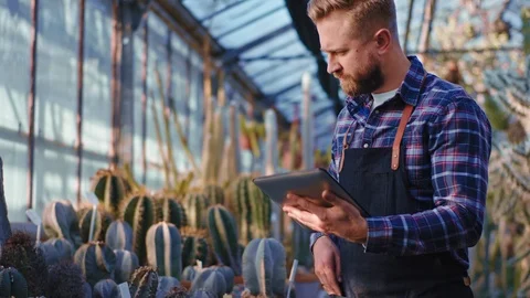In front of the camera gardener man using a tablet to check the condition of Stock Footage 125492200