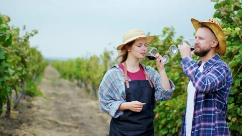 In front of the camera handsome farmer man and his beautiful wife cheers with Stock Footage 144830679