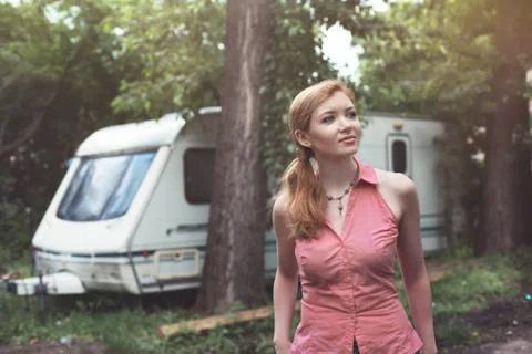 In front of camper Stock Photos