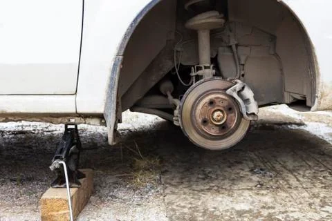 Front car disc brake in process of replacement. Stock Photos