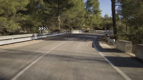 Front car drive point of view on forested mountains. Stock Footage 136525161