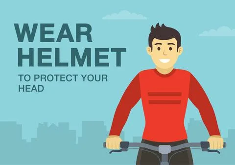 Front close-up view of a cyclist without protection. Wear helmet. Stock Illustration