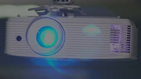Front close-up view of LCD video projector turning on Stock Footage 158058057