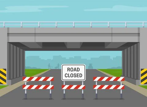 Front close-up view of "Road closed" warning sign placed in front of an overpass Stock Illustration