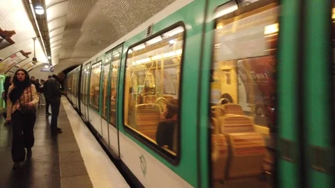 Front Closeup Shot of Metro Train Arriving to Hoche Paris Station, People Stock Footage 255174972