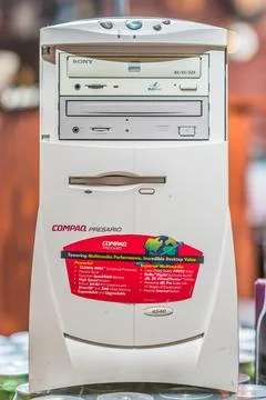 Front of a Compaq Presario 4540 computer with a AMD K6 MMX 233 Mhz CPU Stock Photos