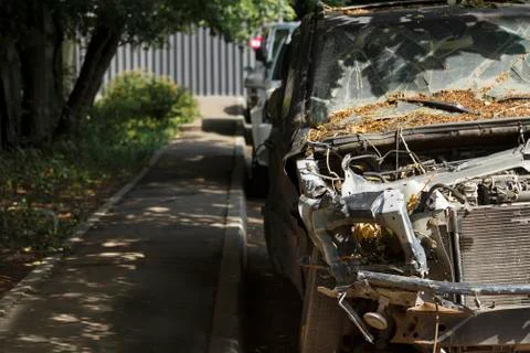 Front of crashed car big damaged. Abandoned wrecked car. Automobile Accident Stock Photos