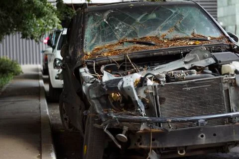 Front of crashed car big damaged. Abandoned wrecked car. Automobile Accident Stock Photos