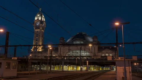 Front Day to Night Timelapse of Benedictin Train Station of Limoges City Video stock 244979997