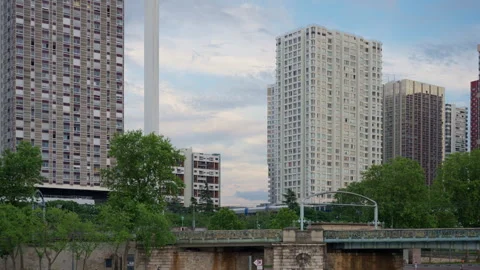 Front de Seine district skyscrapers and heating network chimney in Paris France Stock Footage 337293911