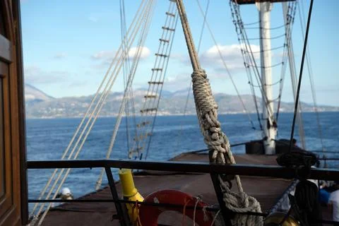 Front deck of a sailing ship with ropes, mooring lines and tow lines Stock Photos