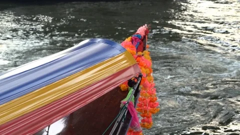 The front of a decorated long tail boat on the river. Stock Footage 77191108