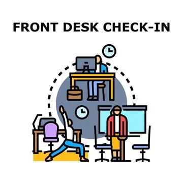 Front desk check in concept with office worker activities Stock Illustration
