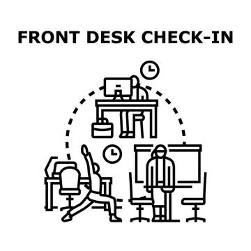 Front desk check in concept with office worker activities Stock Illustration
