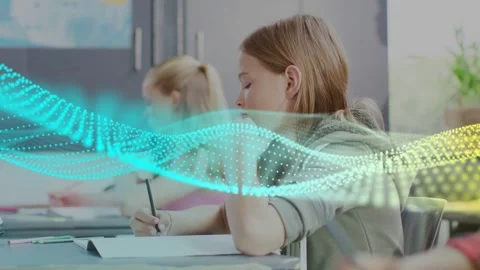 Front desk student in class after listening taking notes while turquoise Stockbeeldmateriaal 333234319
