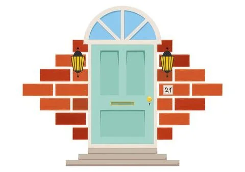 Front door with brick wall and outdoor lanterns Stock Illustration