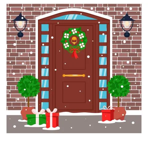 Front door is decorated with festive decor for Christmas and New Year Stock Illustration