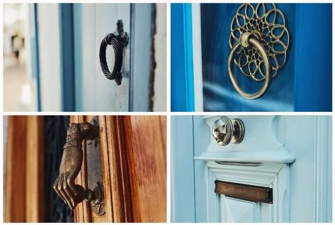 Front door, knocker and collage of handle in home for entrance, opening and Photos