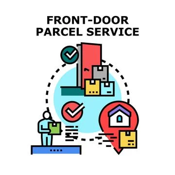 Front door parcel service delivering goods to home Stock Illustration