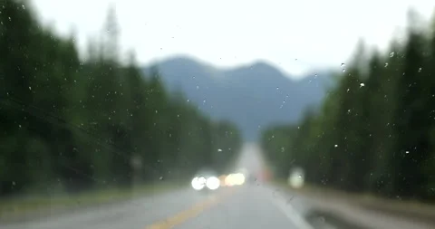 Front driving plate rainy highway through the forest of British Columbia Stock Footage 287487532