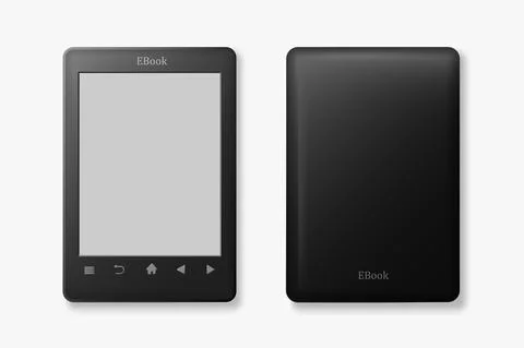 Front ebook and back view template. Tablet black with empty screen and control Stock Illustration