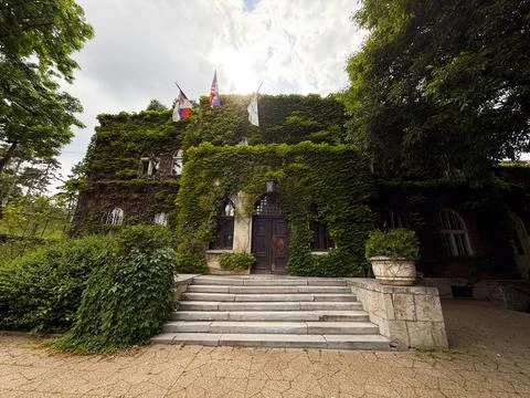 Front elevation of ivy covered building with flags and stair entrance. Archit Stock Photos