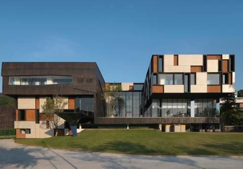 Front elevation modern building with geometric pattern Stock Photos