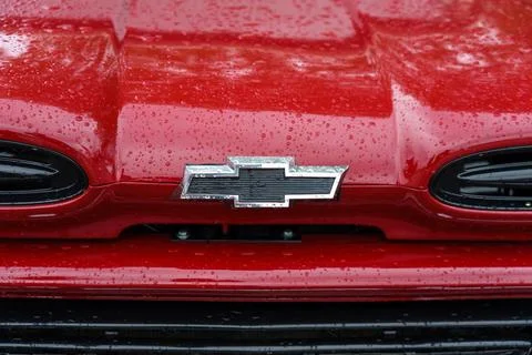  The front emblem of a full-size pickup truck Chevrolet Apache C20 in drop... Stock Photos