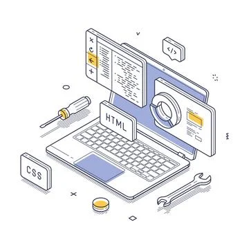 Front end coding programming software development concept isometric line vect Stock Illustration
