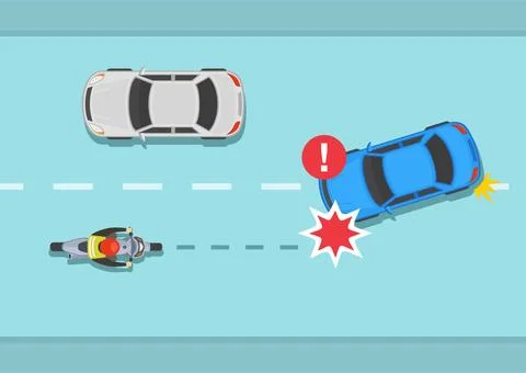 Front end crash on the road. Overtaking car collision with oncoming motorcycle. Stock Illustration