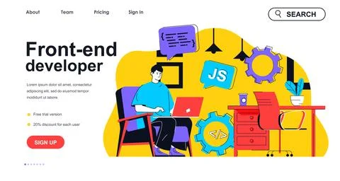 Front-end developer concept for landing page template. Man creates web page a Stockillustratie