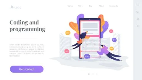 Front end development it landing page template. Illustrazione stock