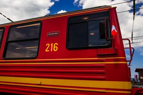 Front-end of red Jungfraubahn train, Kleine Scheidegg, Jungfrau region, Switz Stock Photos