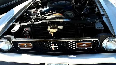Front Engine Shot of a Silver Classic Mustang Car Stock Photos