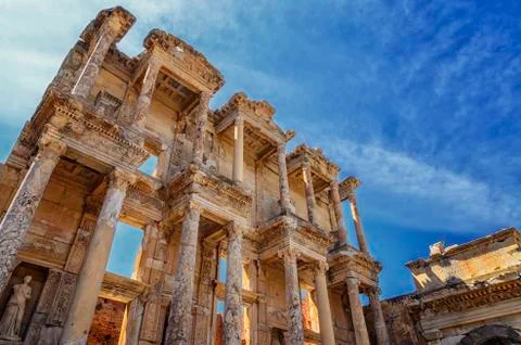 The front facade and courtyard of the Library of Celsus at Ephesus is an anci Stock Photos