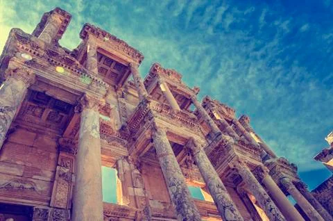 The front facade and courtyard of the Library of Celsus at Ephesus is an anci Stock Photos