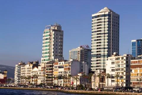 Front facade of building blocks at sunset time Stock Photos