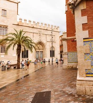 Front facade of La Lonja, a former Gothic silk and commodities exchange bui.. Stock Photos