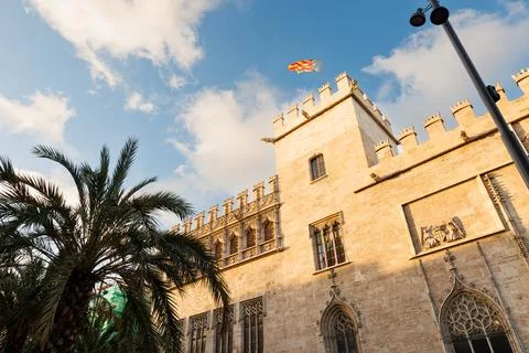 Front facade of La Lonja, a former Gothic silk and commodities exchange bui.. Stock Photos